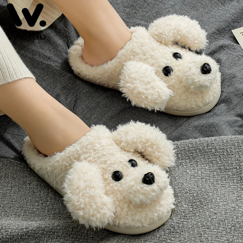 

Cute Cartoon Dog Animal Slippers Female Kawaii Fluffy Slippers Winter Warm Fur Slides Shoes Women Men Indoor Home Furry Slippers