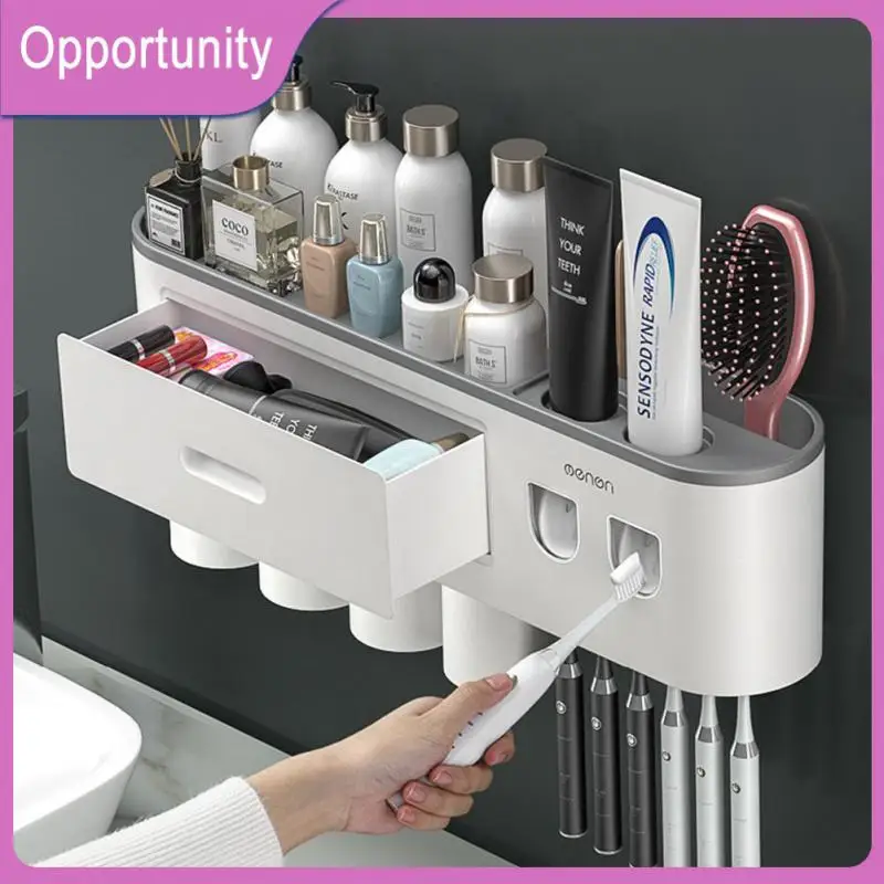 

Dust-proof Design Storage Racks Magnetic Adsorption Plastic Toothpaste Dispenser Rack No Punching Drawer Storage Abs Gray