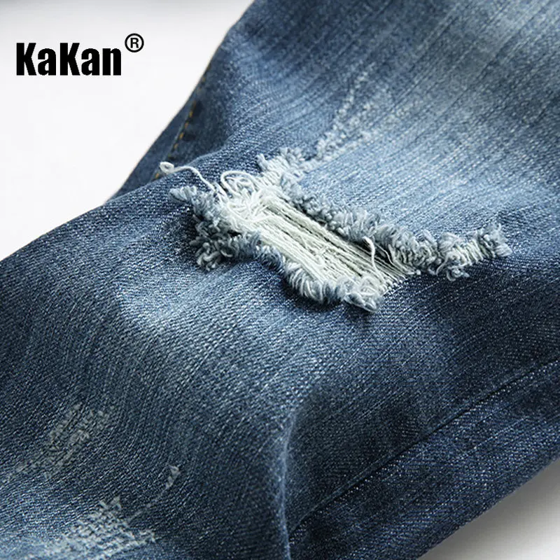 Kakan - European and American New Blue Distressed Jeans for Men's Wear, Worn Out Washed Casual Straight Stretch Long Jeans36-552