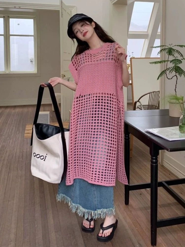 Женское трикотажное платье без рукавов, розовое длинное стильное ажурное платье в стиле Харадзюку с круглым вырезом, милая уличная одежда для школьниц на лето