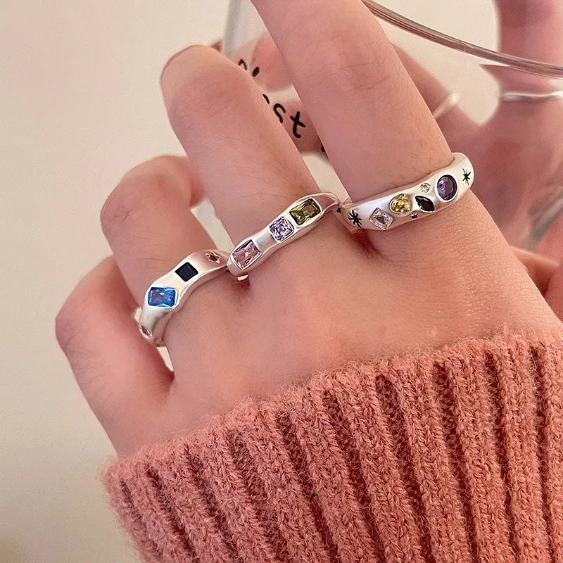 

New 925 Silver Rings for Women Heart Colorful Stone Minimalist Open Adjustable Finger Rings Fashion Band Female Bijoux