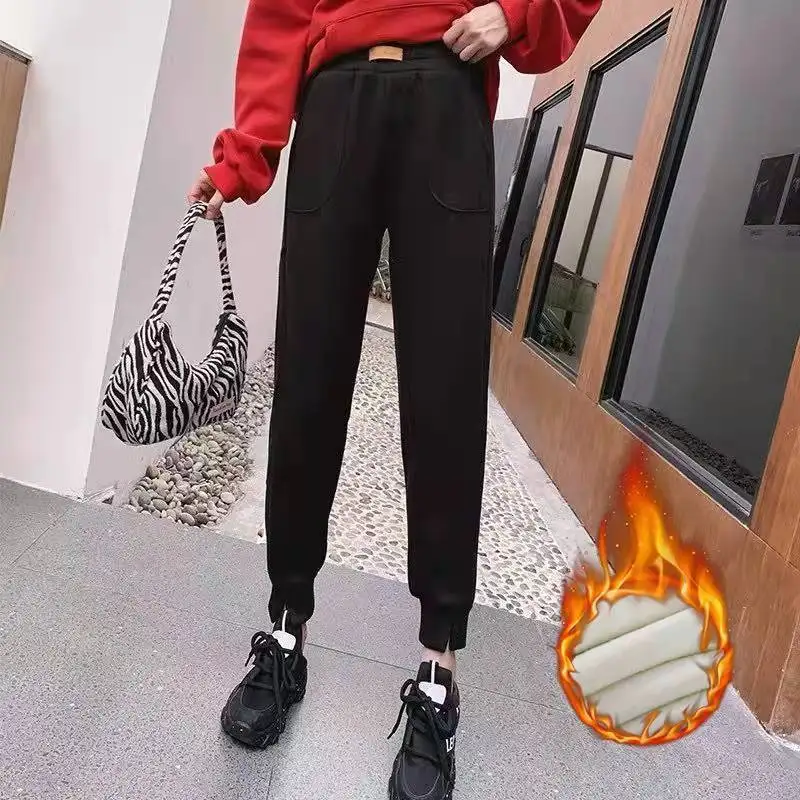 

Winter Streetwear Fashion Trousers Women Casual Solid Color Fleece Thicken High Waist Sport Harem Pants Female Sweatpants T553