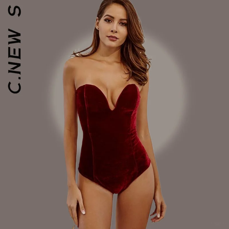 

C.New S Strapless Velvet Burgundy Sexy Bodysuit Women Sweetheart Bodycon Backless Lace Up Body 2022 V Neck Party Bodysuits