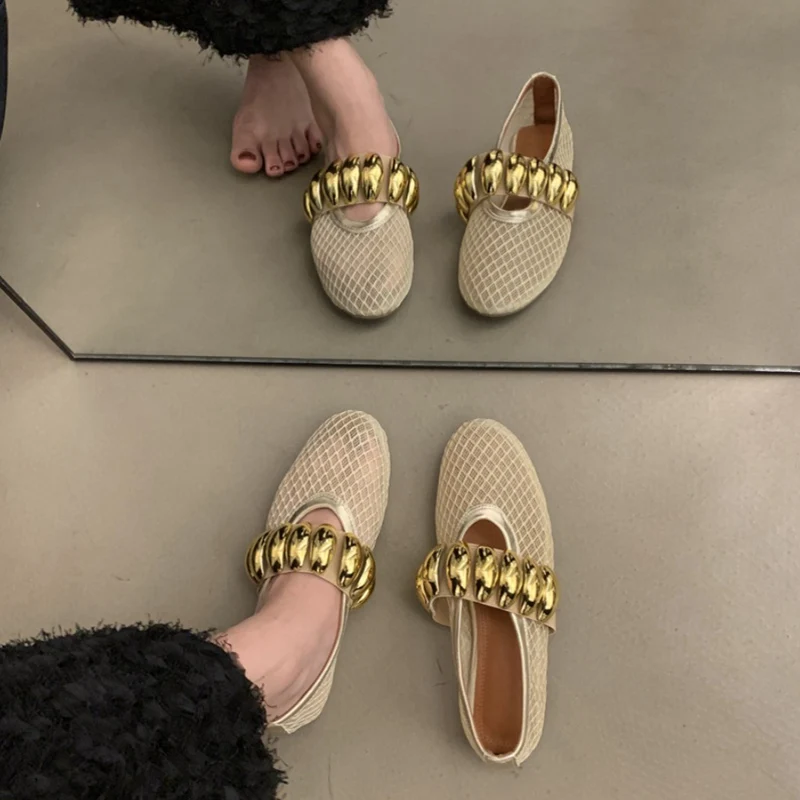 Балетки женские с заклепками сетчатые ремешком и пряжкой повседневные мягкие