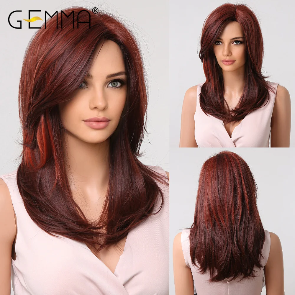 

GEMMA Long Red Synthetic Wig with Side Bangs Highlight Layered Dark Red Wigs for Women African Daily Heat Resistant Natural Hair