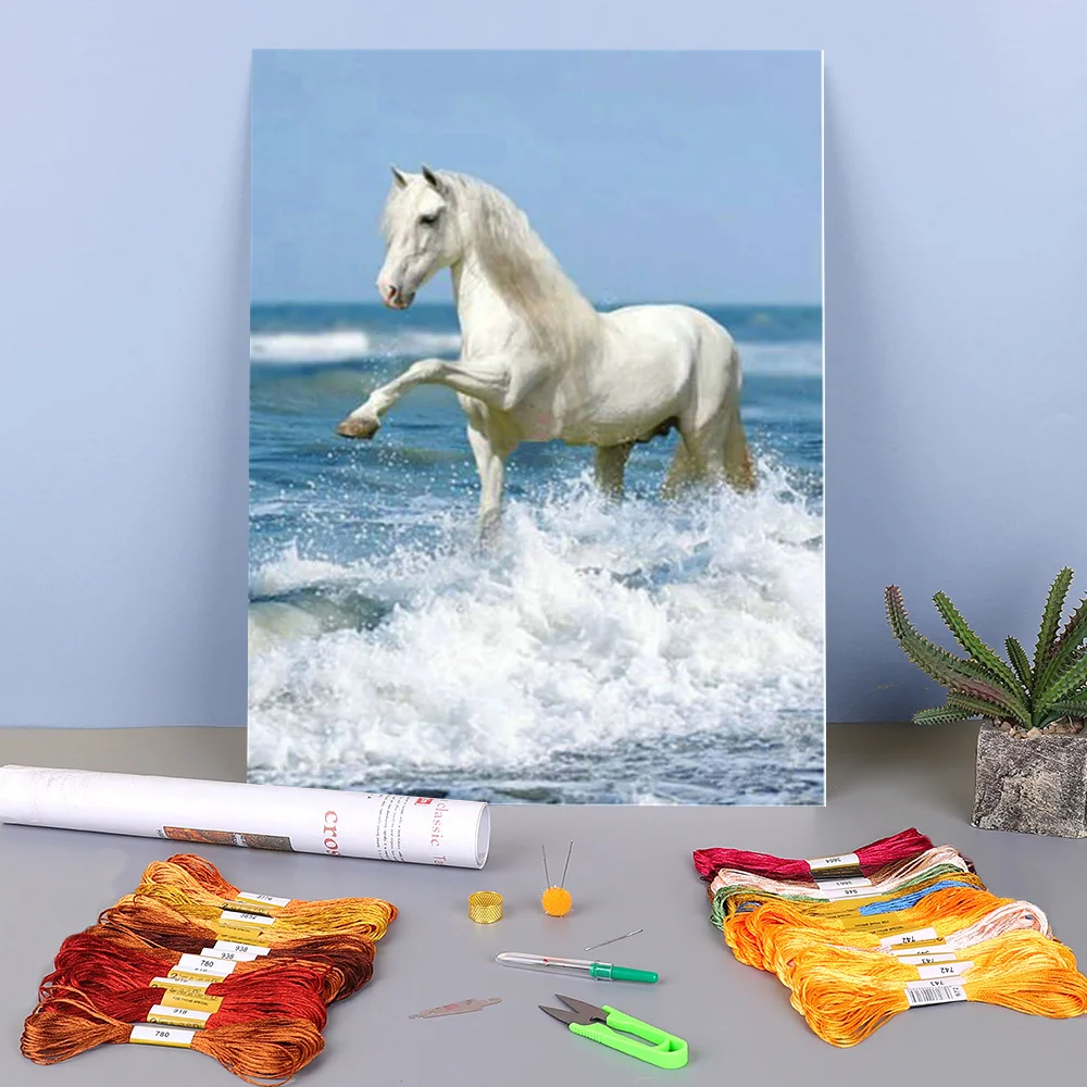 

Snow Two Horse Animal Printed 11CT Cross-Stitch DIY Embroidery Patterns DMC Threads Painting Handiwork Sewing Craft Design