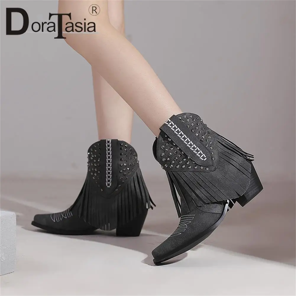 Brand New Ladies Embroider Rivet Fringe Cowgirl Boots Fashion Chunky High Heels Ankle Boots Women Casual Retro Woman Shoes