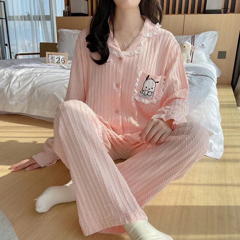 Sanrio Pacha Dog осенние хлопковые брюки с длинными рукавами удобные женские пижамы