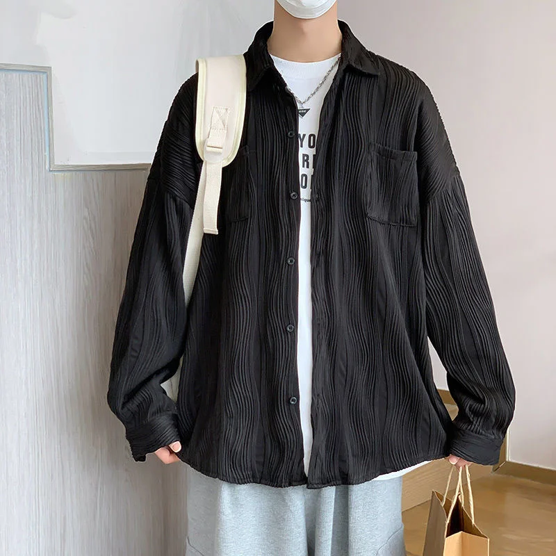 Black White Pleated Shirt Men Fashion Pocket Casual Shirt Men Korean Style Loose Long Sleeve Shirts Mens Ice Silk Shirt S-2XL