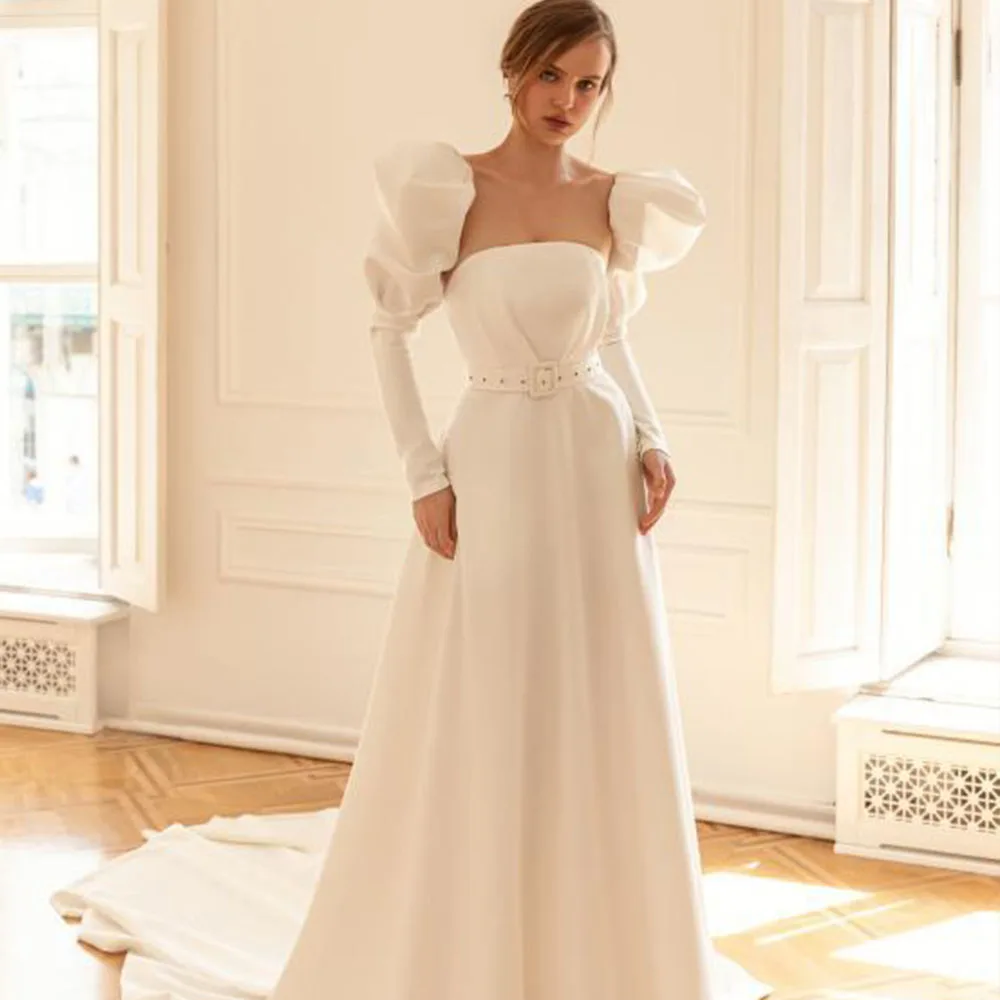 

Modern Wedding Dresses Square Collar Long Puff Sleeves Zipper Backless Bride Gowns Jersey A-Line Court Train Vestido De Noiva