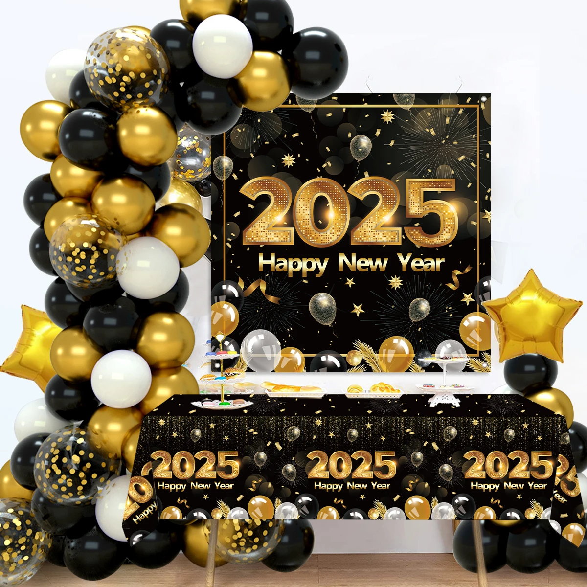 2025 черное золото с Новым годом фоны воздушные шары Добро пожаловать новогодние
