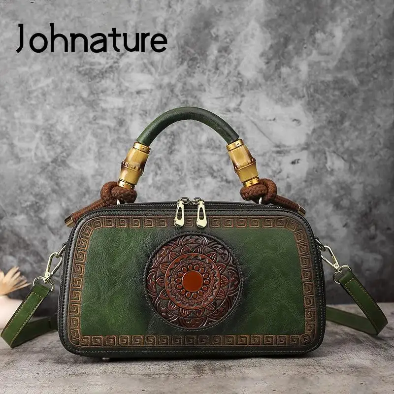 Женская классическая сумка в стиле ретро Johnature кожаная с тиснением для отдыха 2022 -