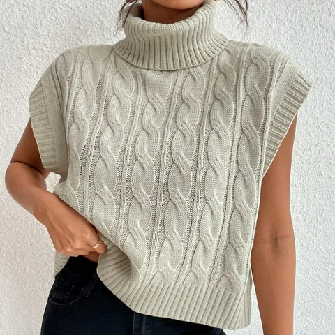 Женский трикотажный свитер-водолазка, элегантный вязаный пуловер без рукавов с косами, модный джемпер, весна-зима 2024