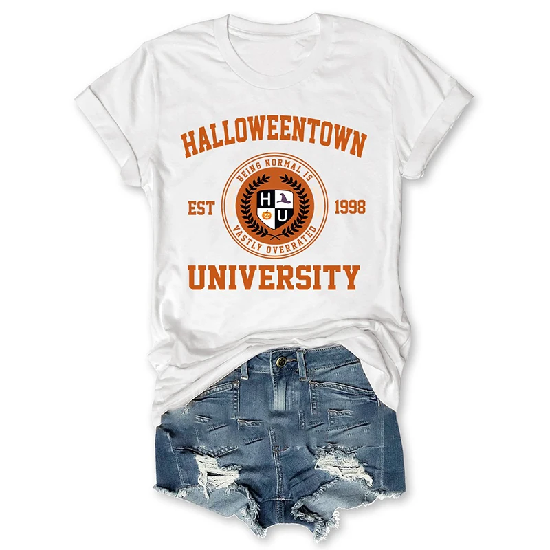 

Женская летняя повседневная хлопковая Футболка с круглым вырезом и графическим принтом, Университет Хэллоуина 1998
