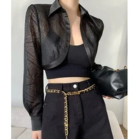deeptown white transparent women blouses short cardigan cropped top female casual chic long sleeve shirts black lace cape loose