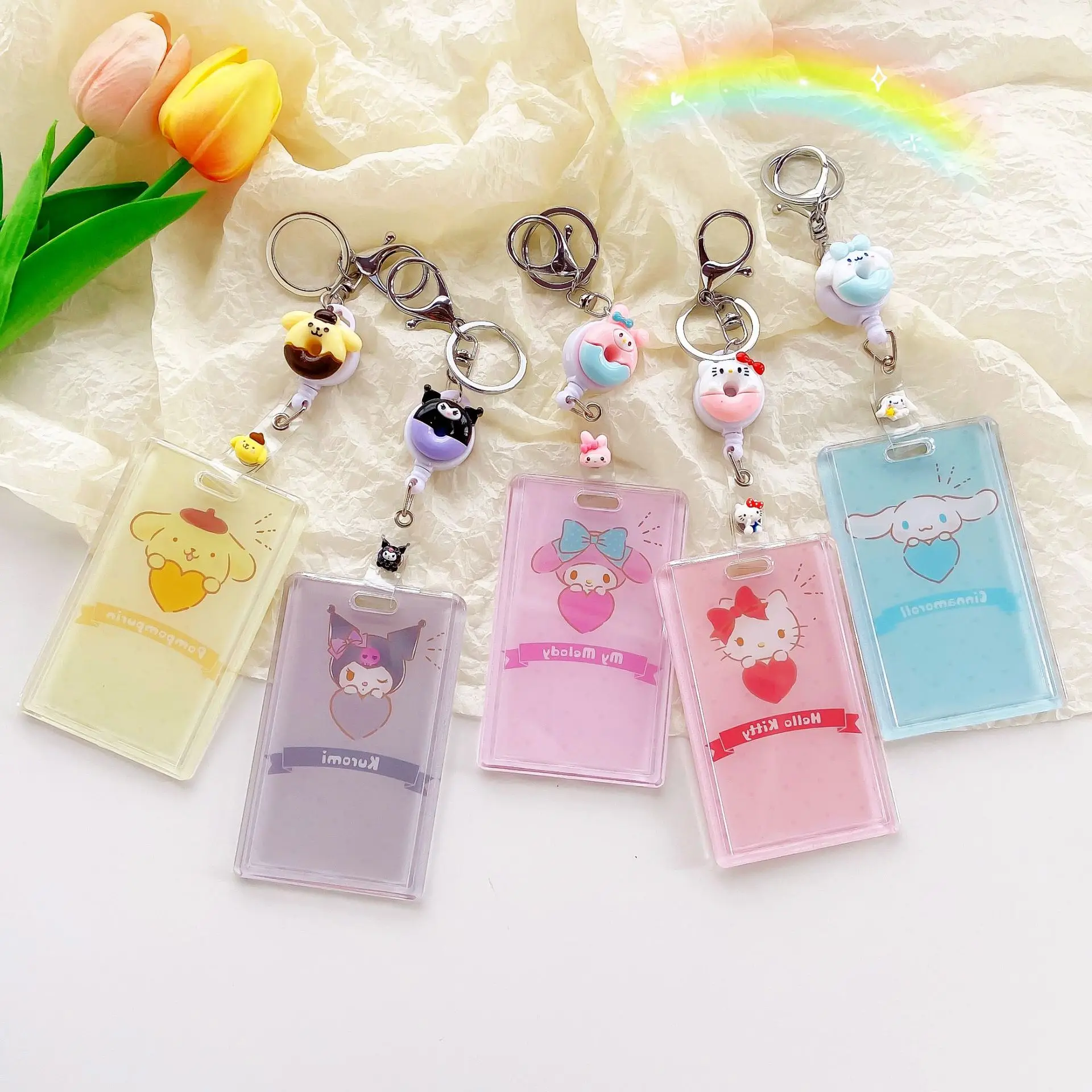 

Sanrios Cinnamoroll Kittys Kuromi My Melody Cartoon Cute Kawaii Transparent Card Holder Campus Meal Card Set Anti-Lost Keychain