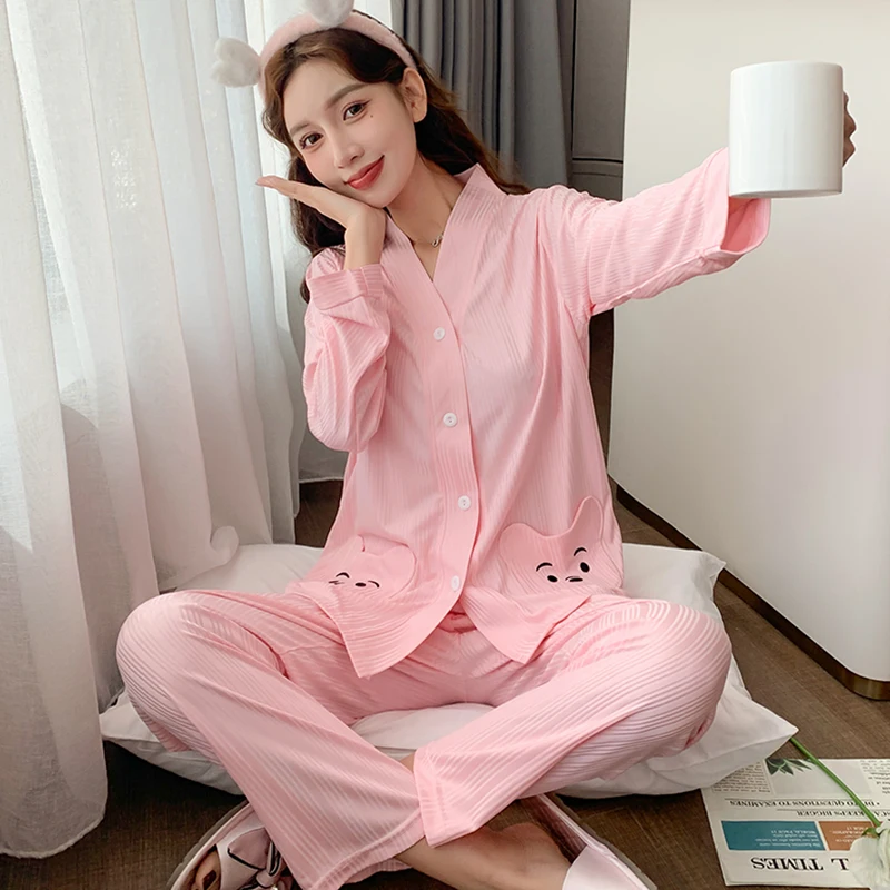Yasuk Spring Summer Fashion Women's Casual Lovely Solid Plaid Long Short Sleeve Sleepwear Soft Pajamas With Pants Loose Pullover