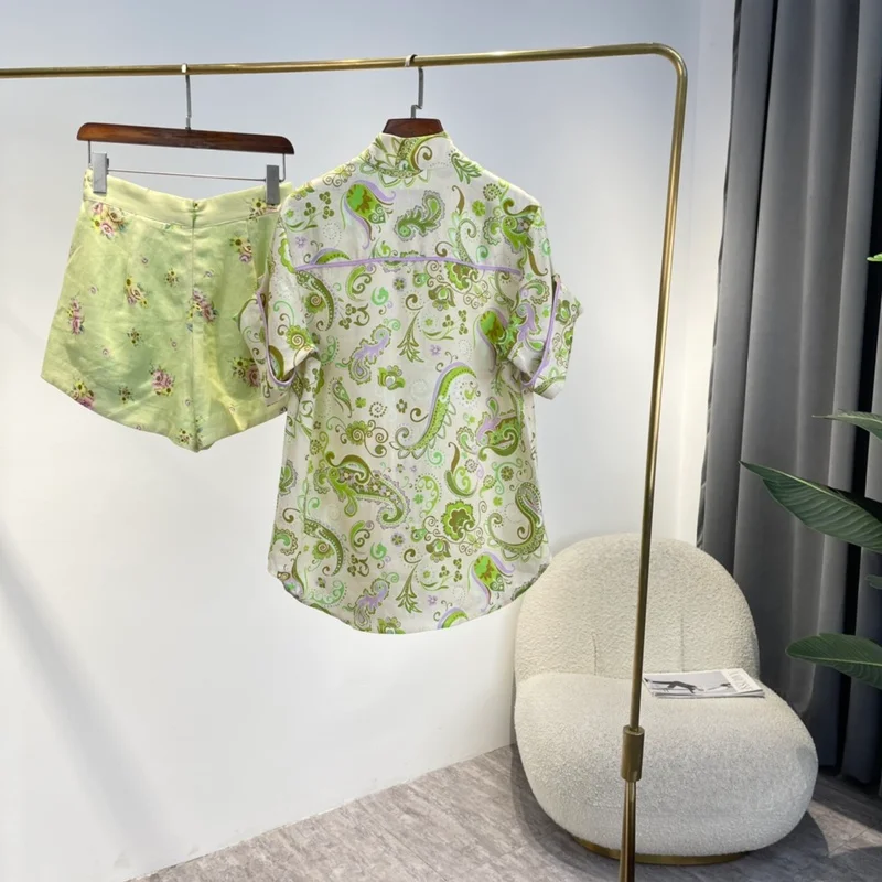 

Two Piece Sets Womens Outifits 2022 New Summer Green Paisley Printing Asymmetrical Hem Linen Blouses Zipper Shorts Suit