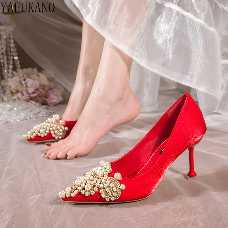 

Luxurious Pearl Decorate Bridesmaid Wedding Shoes Elegant Silk Satin Chinese Bridal Shoes Stiletto High Heels Not Tired Feet