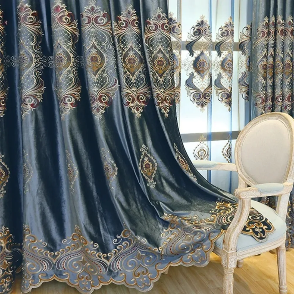 Фото Европейские роскошные синие вышитые шторы для гостиной, спальни, затемняющее украшение на окно на заказ, элегантная тюлевая ткань №2