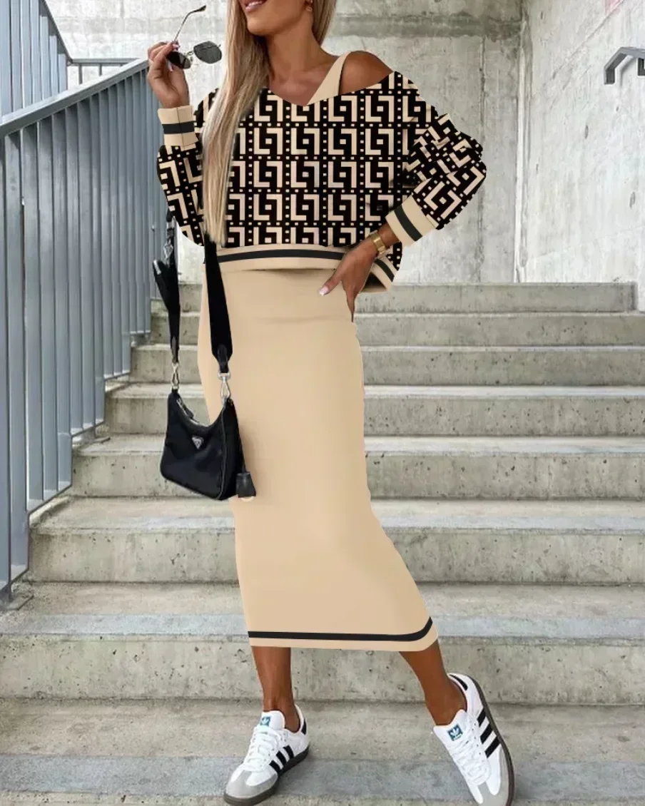 

2 Piece Dress Set Women Bat Sleeve O-Neck Top Sleeveless Dress Suit Autumn Long Sleeve Pullover Tops Vest Dress Set WomenOutfits
