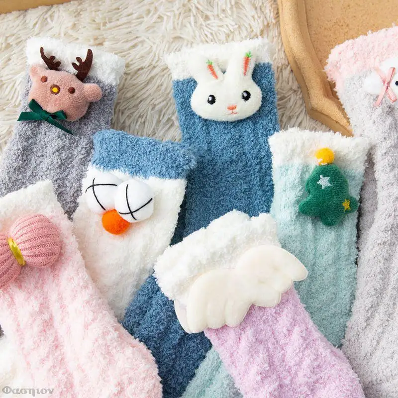 

1 Pair Lovely Dolls Coral Socks Spring Winter Cartoon Lovely Floor Socks Home Bedroom Funny Calcetines Women Plush Sox Warm Soft
