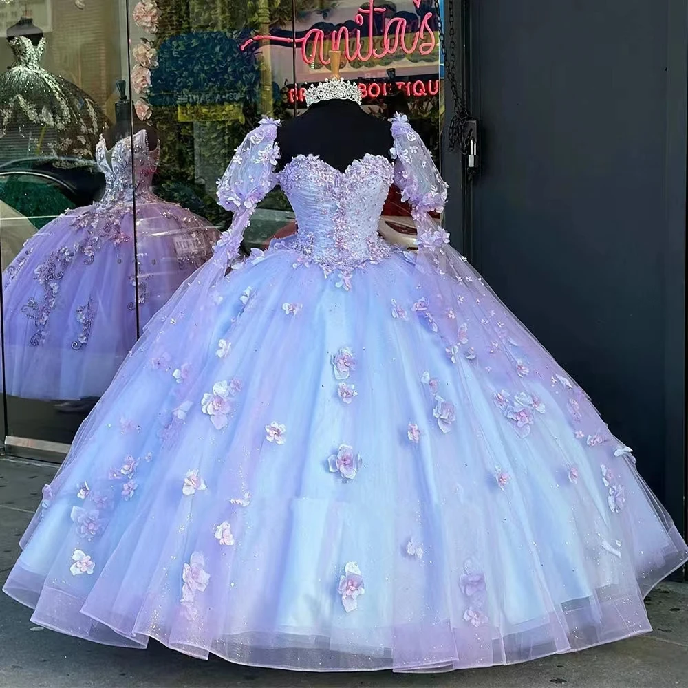 

ANGELSBRIDEP Lilac Quinceanera Dresses Vestidos De 15 Anos Puff Sleeve 3D Flower Appliques Lace Cinderella 16 Princess Gowns