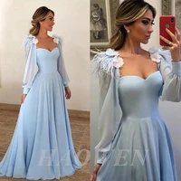 haowen elegant sweetheart blue prom dress a line tiered women long evening dress long sleeve appliques fashion robes de soir%c3%a9e