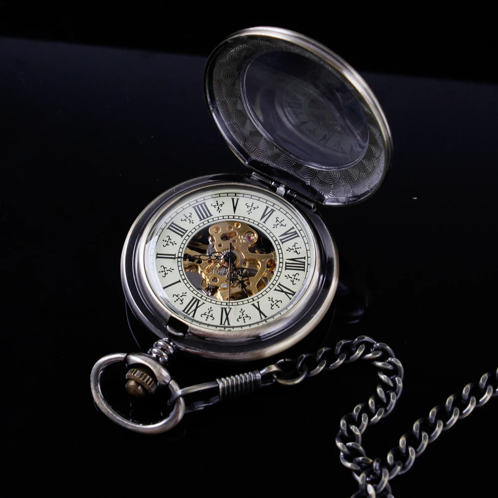 New Transparent Cover Pattern Mechanical Manual Pocket Watch Gold Roman Digital Skull Dial Pendant Automatic Antique Clock