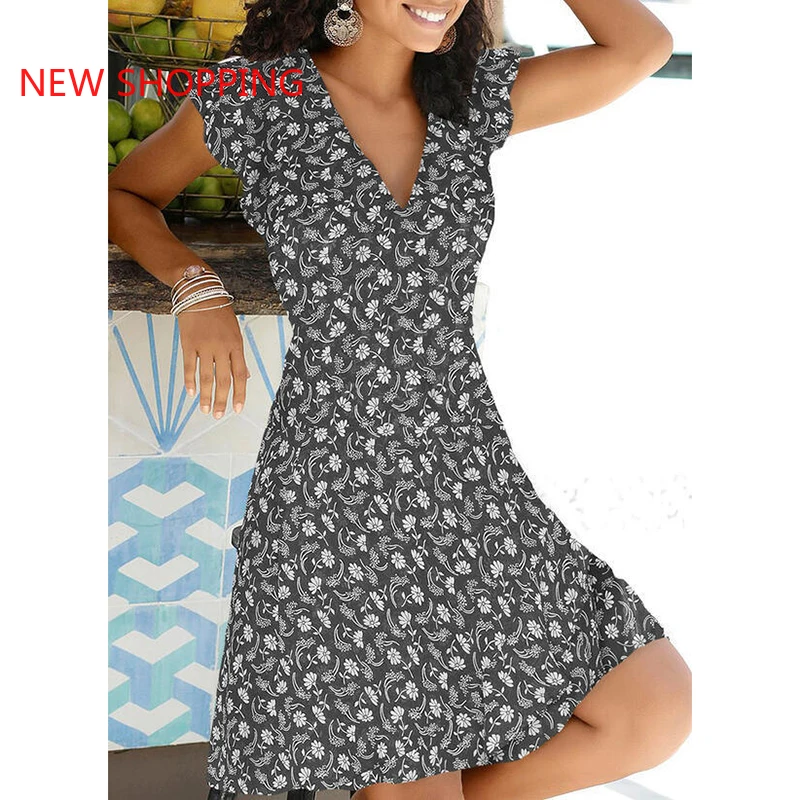 

A-line Spring Summer Dress Party V Neck Elegant Sexy Dress Boho Beach Female Floral Print Dresses 2021 Cottagecore Women Clothes