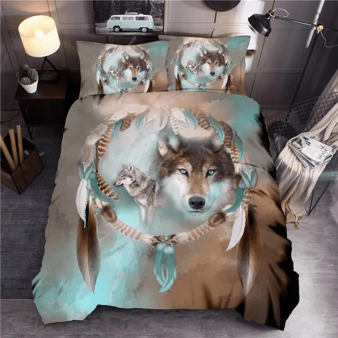 

Animal Duvet Cover Set King Size Indian Wolf Dream Catcher Animal Bedding Set for Kids Teen Polyester Exotic Bohemia Quilt Cover