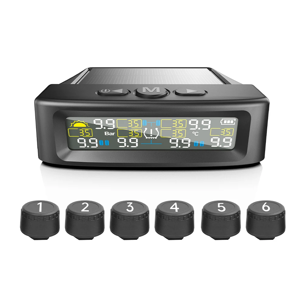 

Солнечная TPMS сигнализация давления в шинах для автомобиля, грузовика, цифровой цветной дисплей, 6 внешних датчиков, комплект предупреждения о температуре давления в шинах