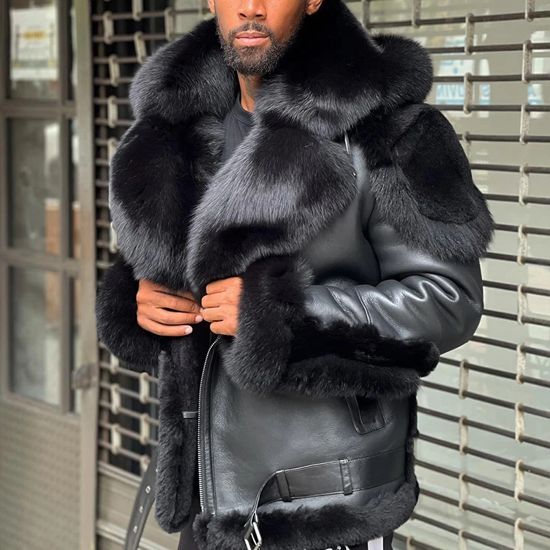 Natural Fox Fur Collar Patchwork Real Sheepskin Motorcycle Jacket Men's High Street Thick Tops Winter Genuine Fox Fur Coat Male
