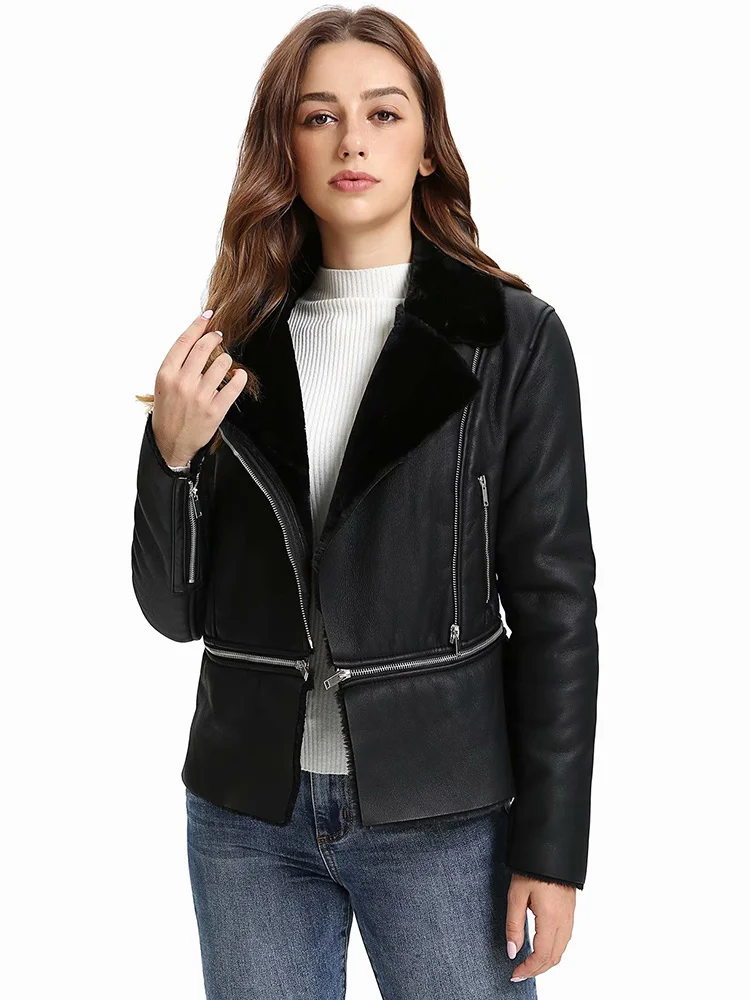 New Winter Women Thick Warm Pu Leather Jacket Moto Biker Faux Lamb Fur Detachable Black Coat Sheepskin Outwear Casaco