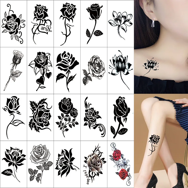 Waterproof Temporary Tattoo Sticker Black Flower Butterfly Flash Fake Tattoo 3D Small Fake Tattoo Female Ankle Arm Chest Tattoo