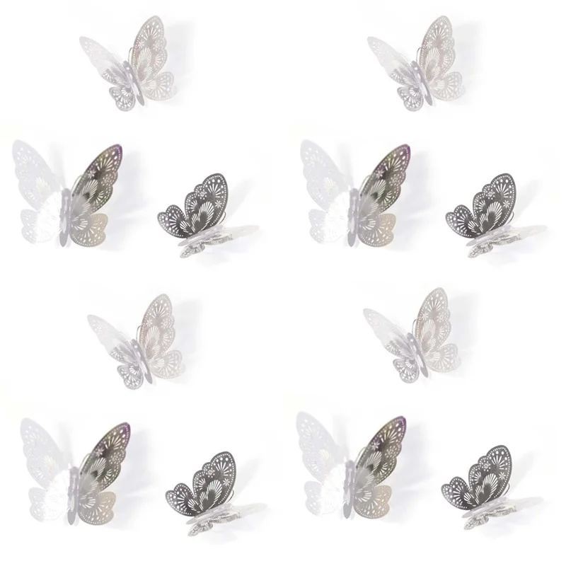 12pcs 3d Reflective Rose Butterfly Wall Sticker Hollow-out Simulation Holiday Party Decoration Household Goods
