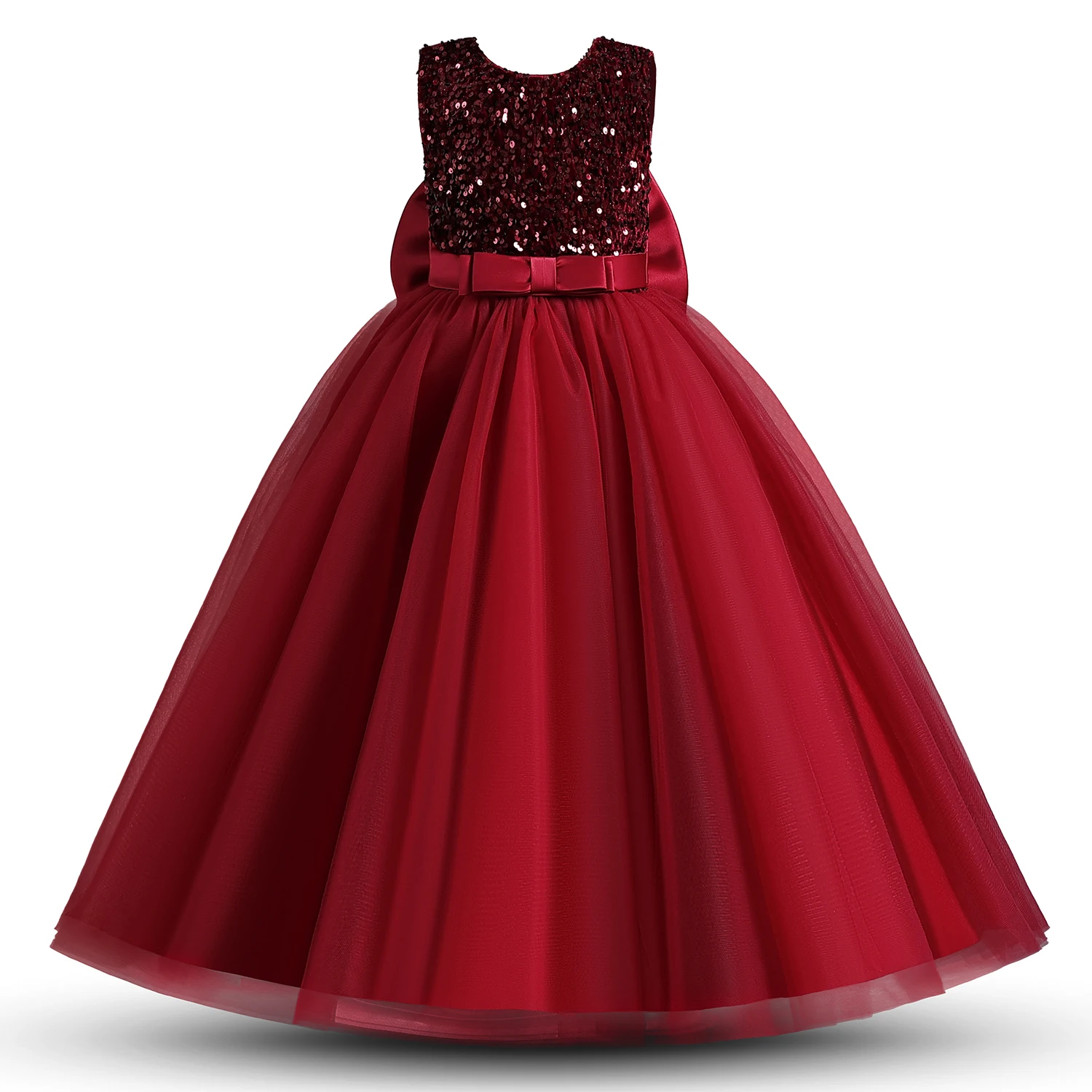 

2023 Nwe Red Christmas Princess Costume Weddings Party Ball Gown Dresses with Big Bow Girl Backless Bridesmaid Dress for Teenage