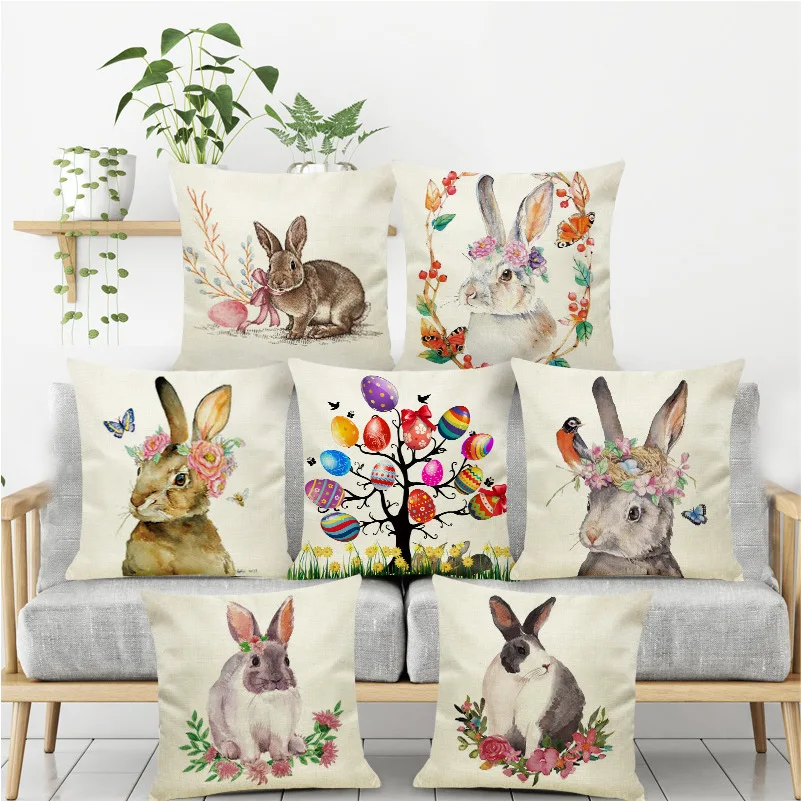 

45X45CM Linen Happy Easter Egg Bunny flower Garland Floral Sofa Print Cushion Case Livingroom Couch Decorative Throw Pillows