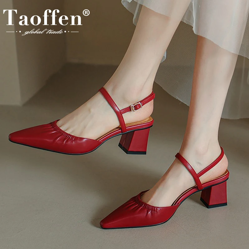 

Taoffen Genuine Leather Women'S Sandals Thick High Heels Fashion Summer Shoes Women Outdoor Casual Ladies Footwear Size 34-40