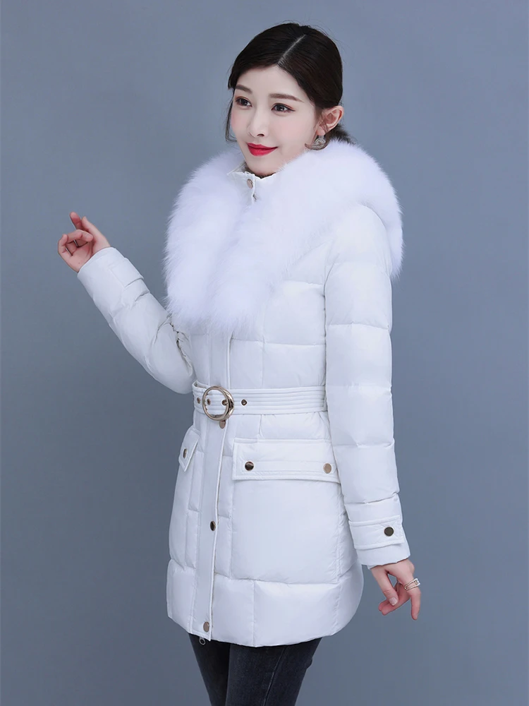 New Women Fur Down Jacket Winter Fashion Luxurious Real Fox Fur Collar Thicken Warm Medium Long Belt Slim Puff Down Coat Female