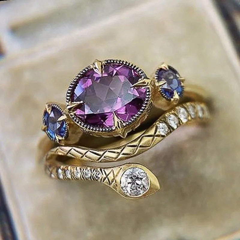 

2023 New Westernized Art Retro Bronze Set Ring Women's New Exotic Purple Zircon Snake Ring Ethnic Style Headpiece Jewelry