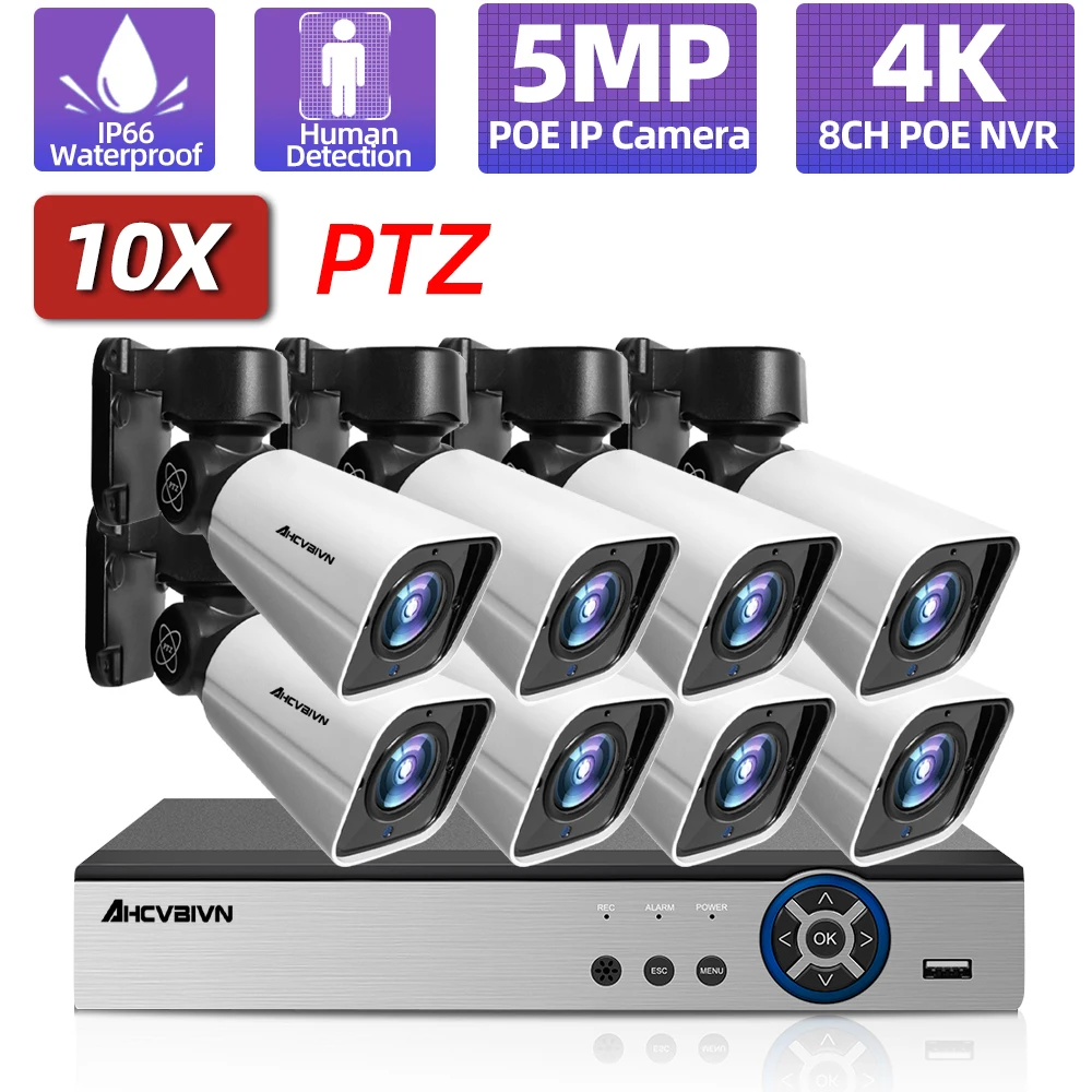 

8Ch 5MP CCTV Security Cameras System Home Video Surveillance Kit 10x Zoom PTZ Outdoor IP Camera Human Detection 4K Poe Nvr Set