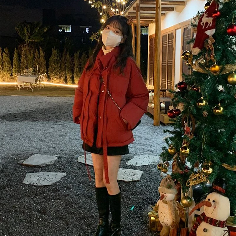 Kawaii Winter Puffer Jacket Women 2022 Elegant Sweet Japanese Thickened Bow Bread Lace Up Padded Jacket For Woman