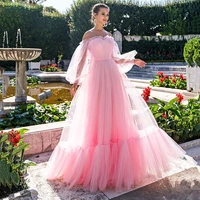 simple light pink tulle evening dress modern floor length a line illusion long sleeve sweetheart tulle prom gown 2022 woman