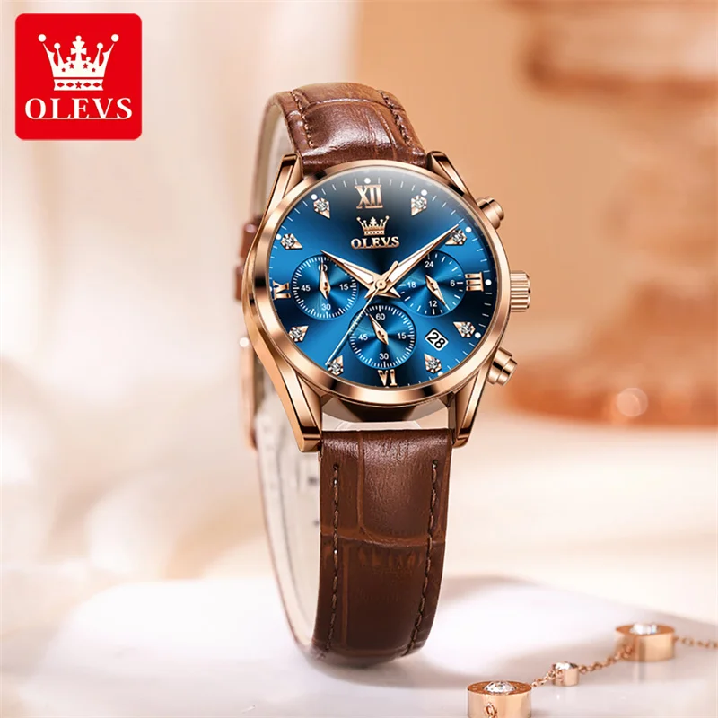 Rose Gold Blue Dial OLEVS New Top Brand Luxury Ladies Diamond Quartz Wristwatch Women Leather Waterproof Watch Reloj Mujer 2023 enlarge