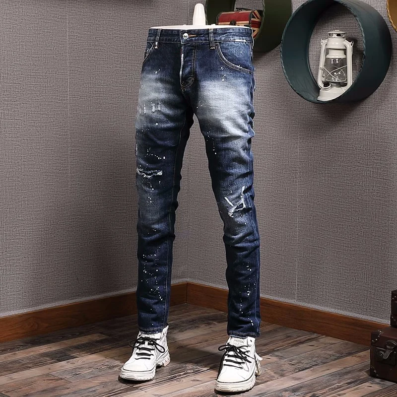 High Street Fashion Men Jeans Retro Blue Elastic Slim Fit Ripped Jeans Men Buttons Trousers Vintage Designer Brand Pants Hombre