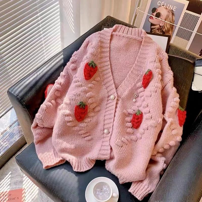 

3D Strawberry Knitted Cardigans Women Pearls Buttons Sweet Sweater Vintage Loose Short Coats Korean Autumn Winter Outwear N852