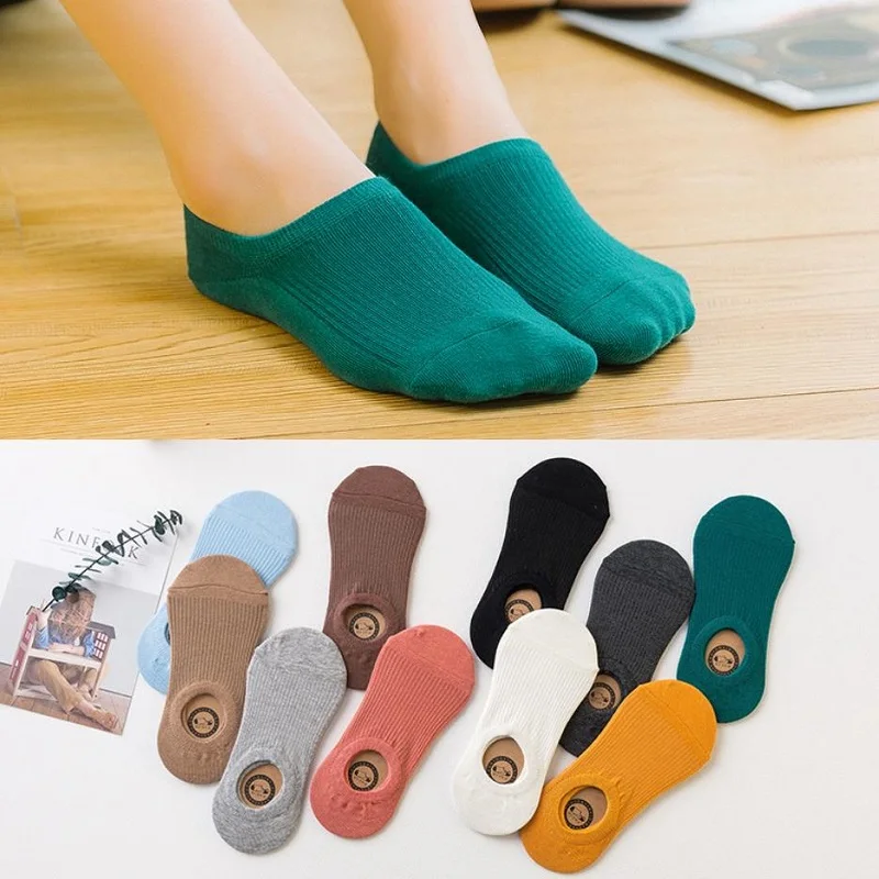 

5 Pairs/Set Women Silicone Non-slip Socks Solid Color Cute College Fresh Female Invisible Boat Socks Summer Casual Boat Socks
