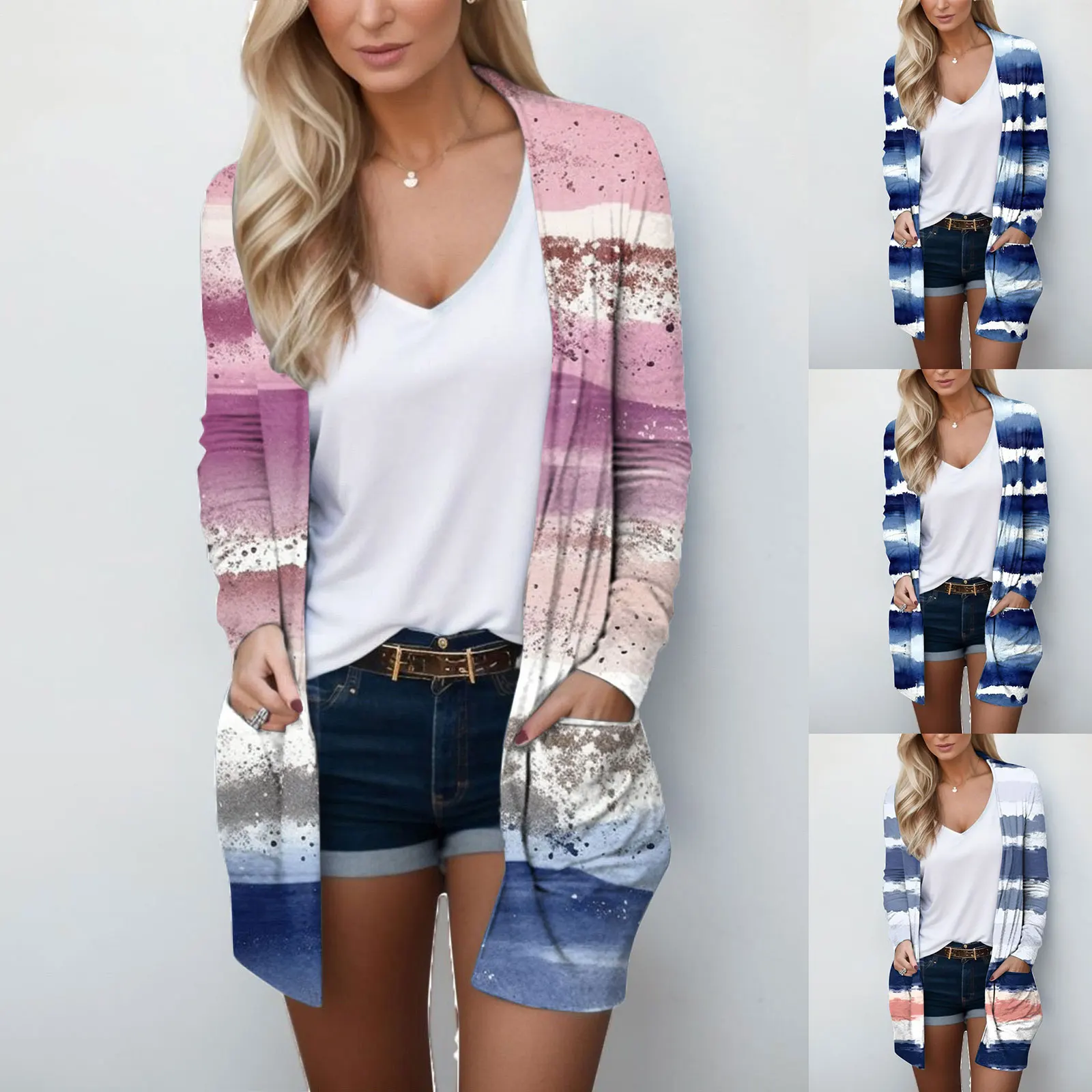 

Женский кардиган в полоску, с длинным рукавом и карманами