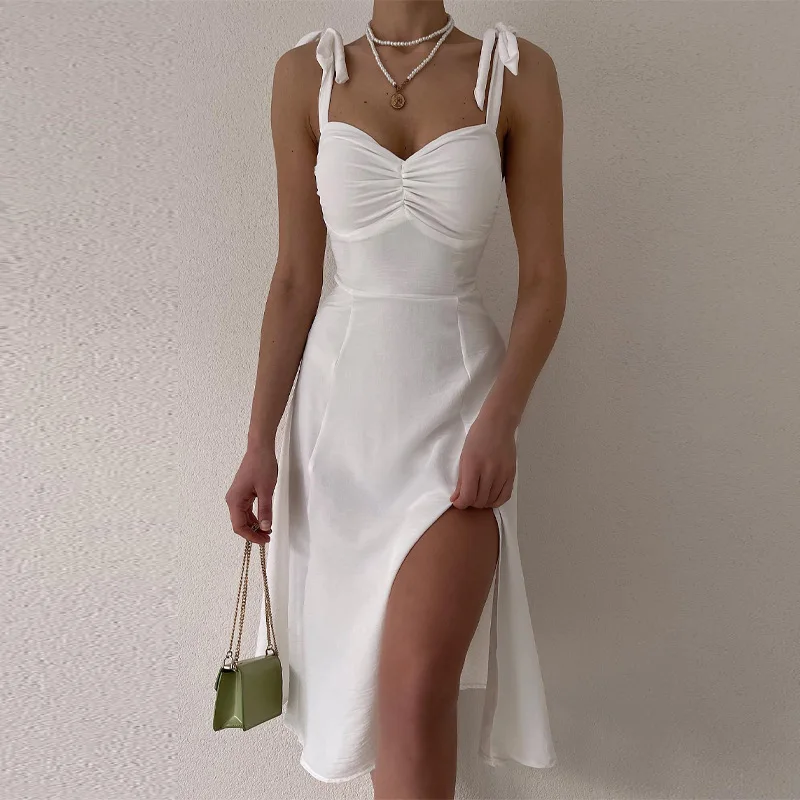 

022 Summer Tall Solid Color Strap Waist Joker Split Dress
